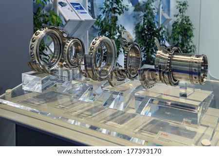 ZHUKOVSKY, RUSSIA - AUG 29, 2013: The stand of the company FAG Schaeffler Technologies GmbH & Co. KG Germany, product samples - bearings at the International Aviation and Space salon MAKS-2013