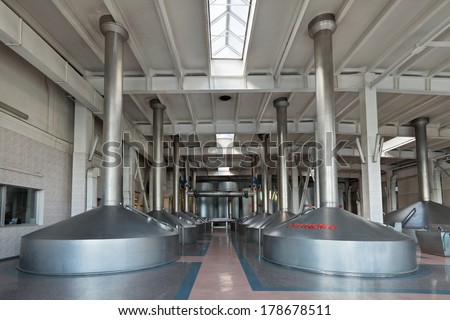 MOSCOW, RUSSIA, OCHAKOVO BREWERY - JUN 13, 2013: The biggest Russian company beer and beverage industry. The interior of the brewery, mash vats