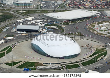 SOCHI, ADLER, RUSSIA - MAR 02, 2014: Bolshoy Ice Dome and Adler Arena Skating Center at Olympic Park in Adlersky District, Krasnodar Krai - venue for the 2014 winter Olympics, top view