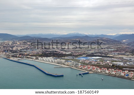 SOCHI, ADLER, RUSSIA - MAR 02, 2014: Hotels and Olympic village in Adlersky District, Krasnodar Krai - the place of residence of the athletes of the winter Olympic games 2014, top view