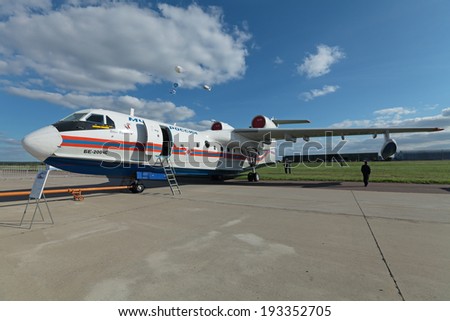 ZHUKOVSKY, RUSSIA - AUG 27, 2013: Beriev Be-200 is a multipurpose amphibious aircraft designed by the Beriev Aircraft Company, manufactured by Irkut at the International Aviation and Space salon MAKS