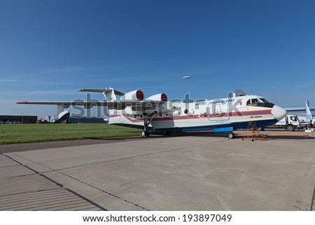 ZHUKOVSKY, RUSSIA - AUG 28, 2013: The Beriev Be-200 is a multipurpose amphibious aircraft designed by the Beriev Aircraft Company at the International Aviation and Space salon MAKS-2013