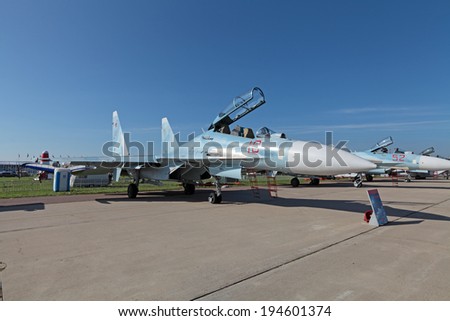 ZHUKOVSKY, RUSSIA - AUG 28, 2013: Demonstration jet plane Sukhoi Su-30 M2 is two-seat, twin-engine supermaneuverable multirole fighter at the International Aviation and Space salon MAKS-2013