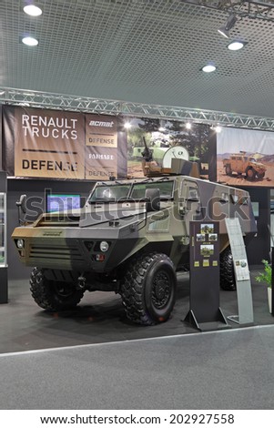 NIZHNY TAGIL, RUSSIA - SEP 25, 2013: The international exhibition of armament, military equipment and ammunition RUSSIA ARMS EXPO (RAE-2013). Modern French armored car Bastion Patsas production Acmat