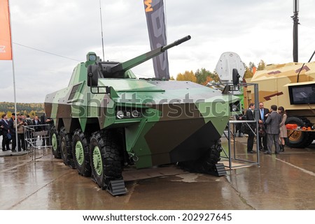 NIZHNY TAGIL, RUSSIA - SEP 26, 2013: The international exhibition of armament, military equipment and ammunition RUSSIA ARMS EXPO (RAE-2013). Heavy wheeled infantry fighting vehicles \