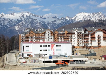 SOCHI, ADLER DISTRICT, KRASNODAR KRAI, RUSSIA - MAR 26, 2014: Mountain Olympic village at Rosa Khutor, Krasnaya Polyana - the place of residence of the athletes of the winter Olympic games 2014