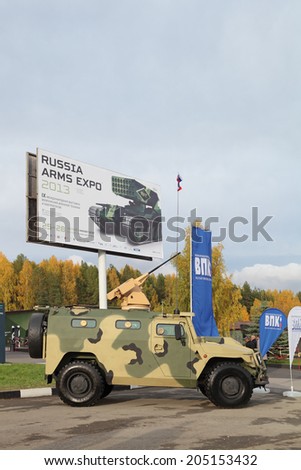 NIZHNY TAGIL, RUSSIA - SEP 26, 2013: The international exhibition of armament, military equipment and ammunition RUSSIA ARMS EXPO (RAE-2013). Light armoured vehicle ASTAIS-VBL