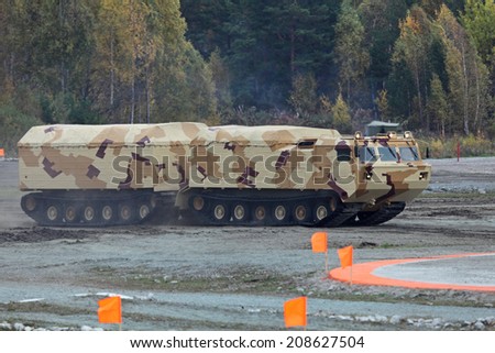 NIZHNY TAGIL, RUSSIA - SEP 25, 2013: The international exhibition of armament, military equipment and ammunition RUSSIA ARMS EXPO (RAE-2013). Two-tier tracked all-terrain amphibian vehicle