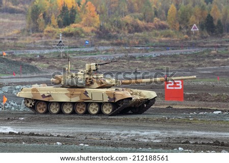 NIZHNY TAGIL, RUSSIA - SEP 27, 2013: The international exhibition of armament, military equipment and ammunition RUSSIA ARMS EXPO (RAE-2013). The T-72 is a Soviet second-generation main battle tank