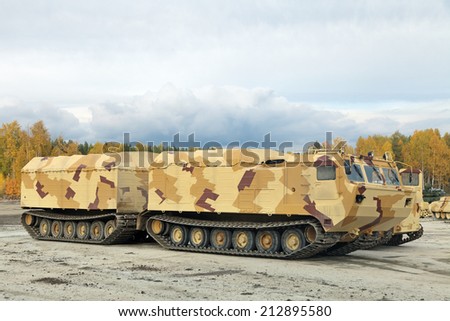 NIZHNY TAGIL, RUSSIA - SEP 26, 2013: The international exhibition of armament, military equipment and ammunition RUSSIA ARMS EXPO (RAE-2013). Two-tier tracked all-terrain amphibian vehicle
