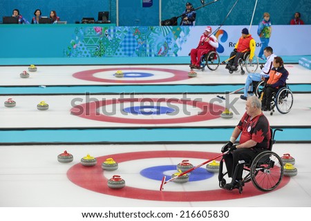 SOCHI, RUSSIA - MAR 8, 2014: Paralympic winter games in curling center \