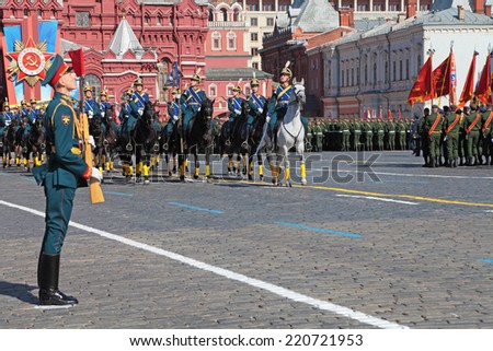 MOSCOW, RUSSIA - MAY 9, 2014: Celebration of the 69th anniversary of the Victory Day (WWII) on Red Square. The cavalry escort of the presidential regiment