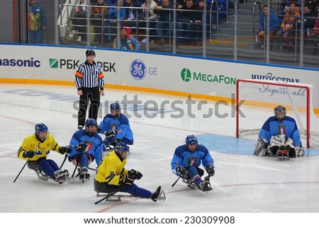 SOCHI, RUSSIA - MAR 12, 2014: Paralympic winter games in ice Arena Shayba. The sledge hockey, match Italy-Sweden. The teams in hockey gate