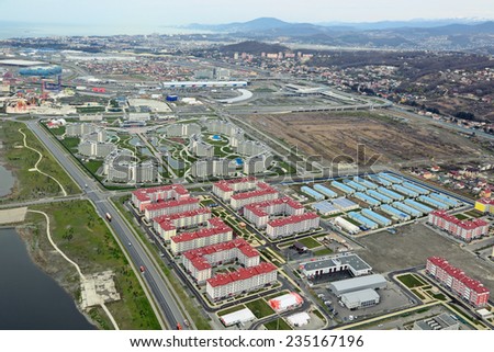 SOCHI, ADLER, RUSSIA - MAR 02, 2014: Modern hotel complexes on Olympic Prospekt near Olympic Park in Adlersky District, Krasnodar Krai, top view