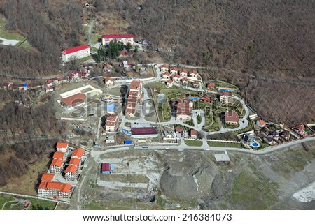 Houses and private hotels in Krasnaya Polyana - alpine ski Resort, venue for the 2014 winter Olympics, Sochi, Russia, top view