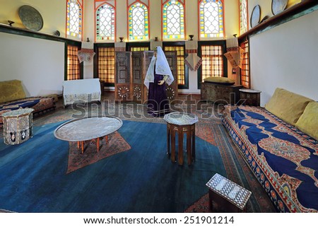 BAKHCHISARAY, REPUBLIC CRIMEA, RUSSIA - AUG 12, 2014: The interior of the Bakhchisaray Palace (Hansaray) the residence of the Crimean khans XVI century. Harem, living room