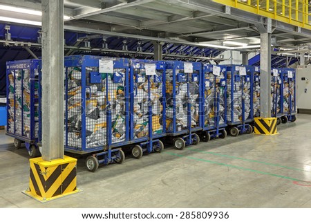 VNUKOVO, MOSCOW REGION, RUSSIA - APR 7, 2015: Russian Post. Logistics center in Vnukovo, parcels in containers