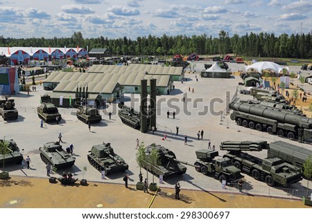 KUBINKA, MOSCOW OBLAST, RUSSIA - JUN 17, 2015: International military-technical forum ARMY-2015 in military-Patriotic park. Top view, panorama