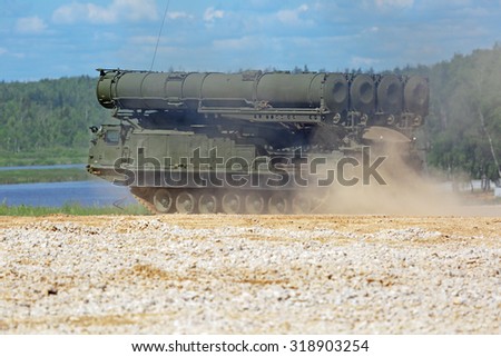 MILITARY GROUND ALABINO, MOSCOW OBLAST, RUSSIA - JUN 18, 2015: Canoniac launcher air defense S-300 (NATO reporting name SA-10 Grumble) at the International military-technical forum ARMY-2015