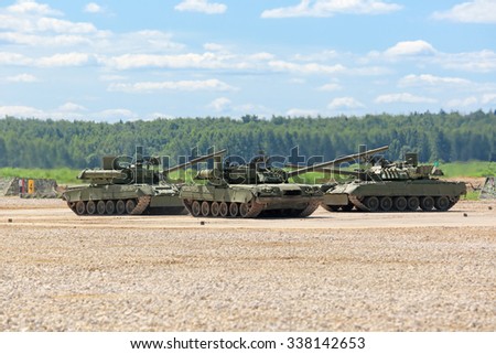 MILITARY GROUND ALABINO, MOSCOW OBLAST, RUSSIA - JUN 18, 2015: Russian tanks in show of military equipment on military ground at the International military-technical forum ARMY-2015