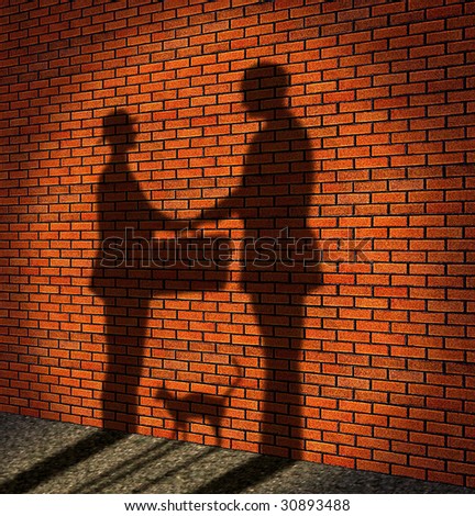 One man delivery to other man a suitcase (it is drawn in the form of a shade against a brick wall)