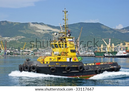 The ship floats on the Black sea about port the cities of Novorossiysk (Russia)
