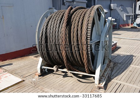 The big coil with a towing hawser on a ship deck