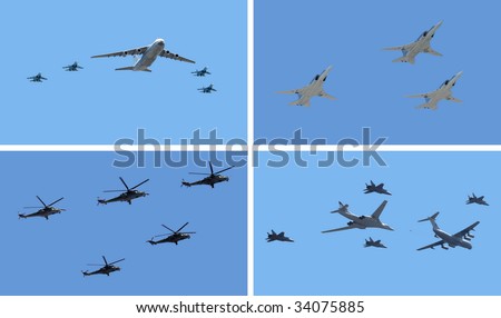 The group of planes and helicopters flies against the dark blue sky (four screen)