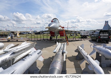 ZHUKOVSKY, RUSSIA - AUG 19:Samples of arms for planes on display at International aviation and space salon MAKS 2009 on August 19, 2009 in Zhukovsky, Russia
