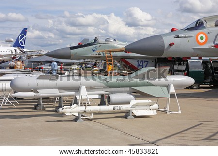 ZHUKOVSKY, RUSSIA - AUG 19: Samples of arms on display at International aviation and space salon MAKS 2009 on August 19, 2009 in Zhukovsky, Russia