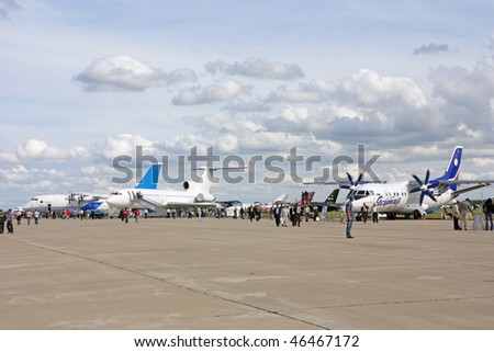 ZHUKOVSKY, RUSSIA - AUG 19: Aircrafts on display at International aviation and space salon MAKS 2009 on August 19, 2009 in Zhukovsky, Russia