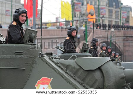 MOSCOW - MAY 6: Military vehicles stand by on Vasilevsky descent near to Red Square, on May 6, 2010 in Moscow. The rehearsal is to celebrate the upcoming 65th Anniversary of Victory Day (WWII) on May 9.