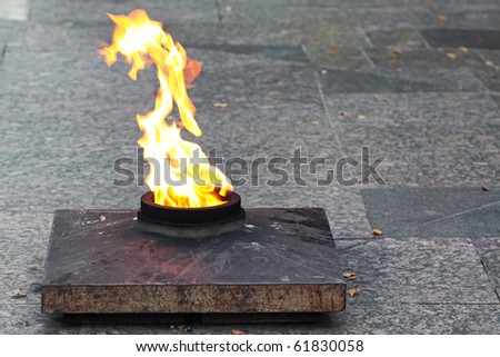 Eternal fire burns against a granite roadway