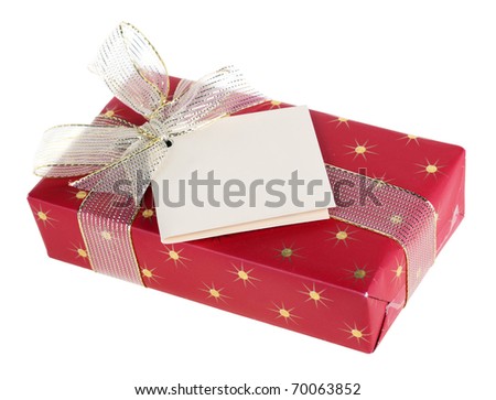 Box wrapped in a red paper and tied up by a gold tape with a bow, isolated on a white background