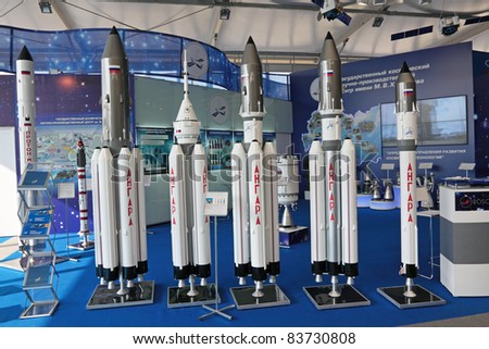 MOSCOW, RUSSIA - AUG 16: Russian Federal Space Agency Roscosmos. Angara rocket family at the International Aviation and Space salon MAKS on Aug, 16, 2011 at Zhukovsky, Russia