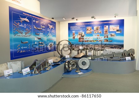 ZHUKOVSKY, RUSSIA - AUGUST 21: Samples of metal products of the aviation industry at the International Aviation and Space salon (MAKS) on August, 21, 2011 in Zhukovsky, Russia