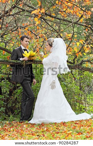 Portrait of the bride and groom in the autumn park