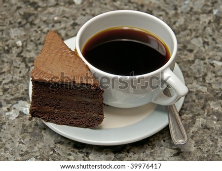 a slice of chocolate cake and black coffee
