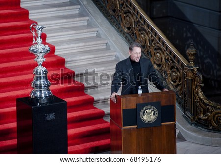 SAN FRANCISCO - JAN 5: celebrating San Francisco\'s selection as host of the 34th America\'s Cup on Jan 5, 2011 in San Francisco. 33rd America\'s cup winner Larry Ellison at city hall.