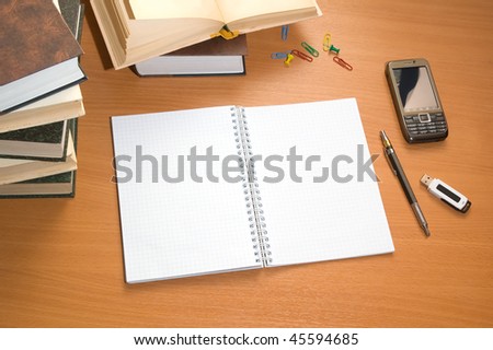 Wooden Desk  on Books And Mobile Phone On Wooden Desktop  Stock Photo 45594685