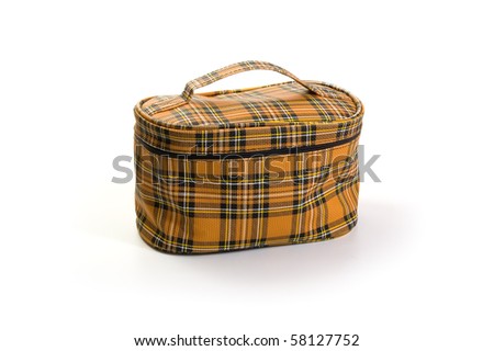 stock photo : Checkered brown cosmetic bag on a white background