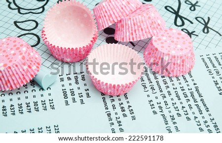 Colorful polka dot cupcake wrappers with color coordinated baking supplies . Closeup with shallow dof.