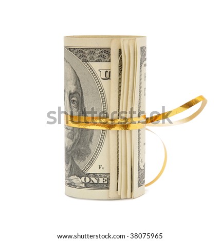 Roll of dollars wrapped in gold stripe. Rolled money isolated on white.