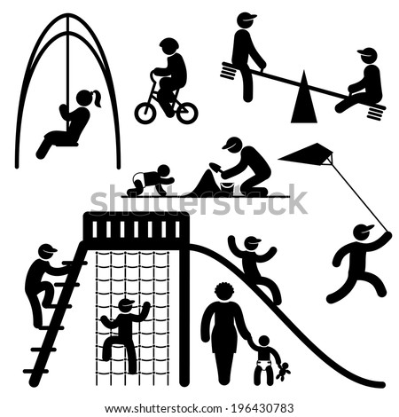 set black and white vector icons of people on children playground