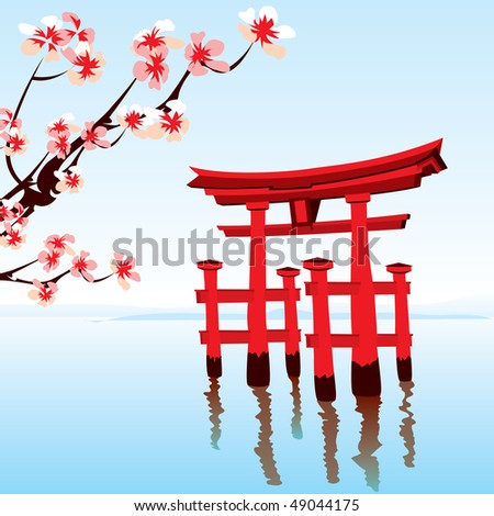 Japanese landscape. Morning on the lake with a red flooded the temple.