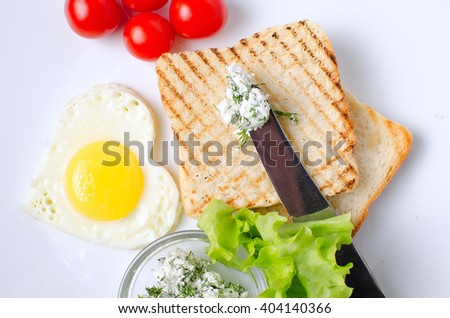 Breakfast sandwich with salad and scrambled eggs.Morning breakfast.Health breakfast.