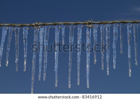Ice crystals hang from barb wire fence
