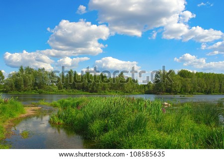 Beautiful summer landscape with river, forest and blue sky