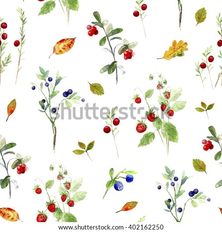 Berry seamless pattern.Wild berry and leaves.Watercolor hand drawn illustration.White background.Blueberries,cranberry,strawberries.
