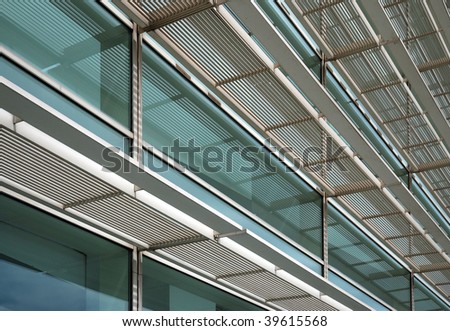 Steel and glass facade of the Contemporary Art Museum in Barcelona, Spain